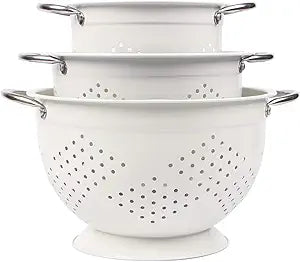 Rorence Powder Coated Steel Colanders: 1.5 Quart 3 Quart & 5 Quart Set of 3 - White