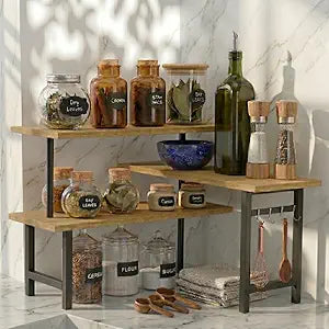 3-Tier Bamboo Corner Countertop Organizer with Extended Top Tier, Corner Shelf for Kitchen Counter, Coffee Bar Organizer, Bathroom Counter Organizer, Kitchen Corner Shelf, Space Saver