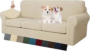 MAXIJIN 4 Piece Couch Covers for 3 Cushion Couch Super Stretch Non Slip Couch Cover for Dogs Pet Friendly Elastic Jacquard Furniture Protector Sofa Slipcovers (Sofa, Light Beige)