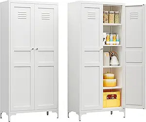 61'' Tall Kitchen Pantry, Kitchen Storage Cabinets with Doors and Adjustable Shelves, Metal Pantry Storage Cabinet, Cabinet for Pantry,Dinning Room,Bathroom,Living Room(White)