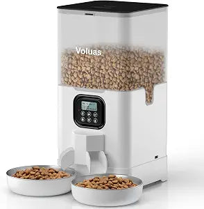 Voluas Automatic Cat Feeder for Two Cats, Double Pet Feeder with 2 Stainless Steel Bowls,6L Timed Cat Feeders with Memory Function | Programmable Portion Control, Timed Feeding, Memory Function, Dual Stainless Steel Bowls, 10-Second Voice Recorder