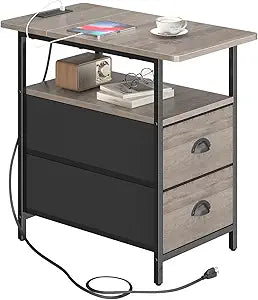 sthmec End Table with Charging Station, Narrow Side Table with 2 Drawers, Nightstands with Drawers, USB Ports & Power Oulets,Slim Sofa Side Tables for Small Spaces,Living Room,Bedroom, Grey