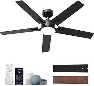 52 Inch Smart Ceiling Fans with Lights, Compatible with Alexa/Remote/APP, Downrod Mount, Reversible DC Motor, High CFM, 5 Blades, 6 Speeds, 3CCT, Dimmable, for Bedroom, Living Room, Black