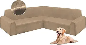 HDCAXKJ Corner Sectional Couch Covers Velvet Stretch L Shape Sofa Cover Soft Thick Sectional Slipcovers Set U Shaped Living Room Non Slip Magic Furniture Protector for Pet Dogs (Light Tan, Large)