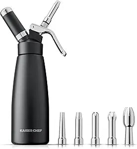 Professional Aluminum Whipped Cream Dispenser - 500 mL/1 Pint,Leak-Free Whipped Cream Maker Canister with 5 Decorating Nozzles & Cleaning Brush - for Desserts, Coffee Foam & Cold Foam (Black, 500ml)