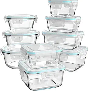 AILTEC Glass Food Storage Containers with Lids, [18 Piece] Glass Meal Prep Containers Set, Airtight Leak Proof, Oven Freezer Dishwasher Safe, BPA Free (9 Lid & 9 Container)
