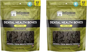 Indigenous Pet Dental Health Bones Mini - Original Fresh Breath, 2-Pack (11.92 oz Each) | Grain-Free Dog Dental Chews with Prebiotics & Omegas | Cleans Teeth & Freshens Breath