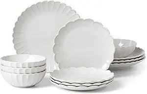 Lenox Stoneware Dinnerware Sets, French Perle Scallop White 12-Piece Dinnerware Set for 4, Service For 4, Dishwasher Safe Dishware, Dishes Set, Stoneware Dinner Plates and Bowls Sets (White, 12 Piece)