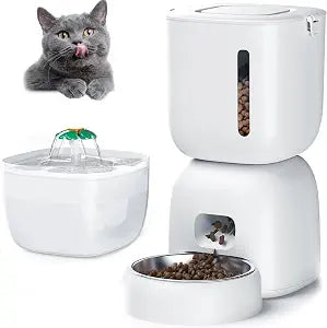 Casfuy 2-in-1 Automatic Cat Feeder & Water Fountain Set, White, 3-L & 2-L