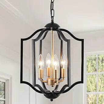 Black and Gold Chandelier Light Fixture, 4-Light Farmhouse Chandelier Dining Room Light Fixtures Rustic Hanging Small Entryway Pendant Light for Kitchen Island Foyer Living Room