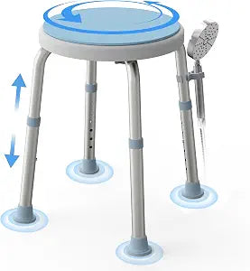 WHLICKS Swivel Shower Stool for Inside Shower, 360 Rotating Stool with Non-Slip Seat Pad, Adjustable Shower Chair for Seniors with 6 Height Levels, Lightweight Seat Up to 300 lbs, Tool-Free Assembly