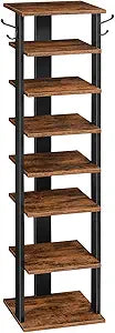 HOOBRO 8 Tiers Vertical Shoe Rack, Wooden Shoe Storage Organizer with Hooks, Narrow Shoe Tower for 8 Pairs, Space Saving, for Entryway, Living Room, Bedroom, Rustic Brown BF07XJ01G1