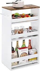 TEAMIX 4 Tier White Slim Storage Cart with Handle, 7.9''W Slide Out Storage Rolling Utility Cart Mobile Shelving Unit Organizer Trolley for Small Spaces Kitchen Laundry Narrow Places