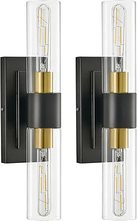 19" Black and Gold Wall Sconces Set of Two,Modern Bathroom Light Fixtures,2-Light Vanity Lights for Mirror,Indoor Wall Lamp Wall Mount Hardwired Light for Bedroom with Clear Glass E26 Base