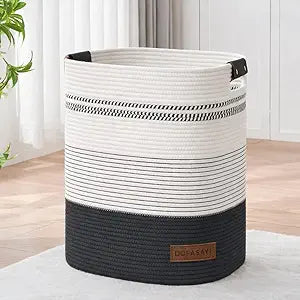 DOFASAYI Laundry Hamper - Large Laundry Basket with Leather Handles, Decorative Storage Basket for Blankets - Clothes Hamper for Living Room, Bedroom (Black & White, 85L)