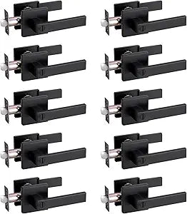 Privacy Door Handle Keyless GreenShield Lock Set, Heavy Duty Reversible Interior Door Lever for Bedroom Bathroom, Square Door Lock for Left Right Handed Doors (10 Pack, Matte Black)