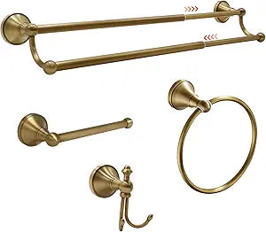 4 Piece Antique Brass Bathroom Accessories Set - 16"-27.7" Solid Brass Towel Rack, Double Vintage Towel Bar - Wall Mounted Antique Gold Bathroom Hardware