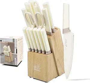 CHUSHIJI 15-Piece Kitchen Knife Set with Block, Premium High Carbon Stainless Steel, 8-Inch Chef Knife & 6 Steak Knives, Sharp Dishwasher Safe Durable Cutlery for Home Cooking, White