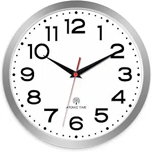 Roymnie Atomic Wall Clock 14 Inch, Modern Clock Battery Operated Classic Analog Decorative for Kitchen, Living Room, Office, Bedroom, Bathroom (Silver)