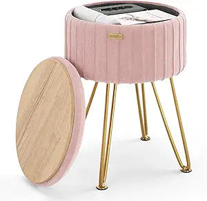 Round Ottoman with Storage, Pleated Velvet Storage Ottoman, Foot Stool Ottomans, Makeup Vanity Stool, Small Ottomans Foot Rest, Modern Vanity Stools for Living Room and Bedroom, Pink