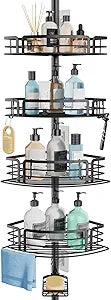 Consumest Corner Shower Caddy Tension Pole - Rustproof Shower Shelves with Towel Bar & Soap Holder, Adjustable Bath Organizer for Bathroom Storage, 27.6-108.3 inch, Black