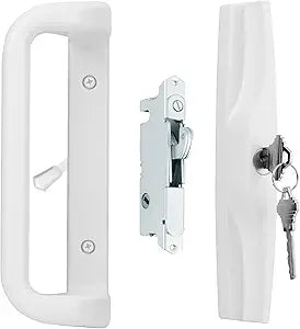 House Guard White Sliding Patio Door Handle Set with Key Cylinder, 3-15/16" Screw Hole Spacing, Replacement Handle Lock Set for Selected Sliding Glass Doors with Compatible Mortise Lock
