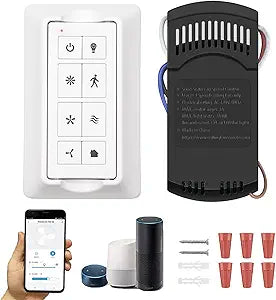 Smart Ceiling Fan Control & Dimmer Switch, Universal Ceiling Fan Remote Control Kit with Receiver, Wall Control with 3 Speeds, Works with Alexa, Google Assistant and Smart Life APP, 2.4GHz WiFi Only
