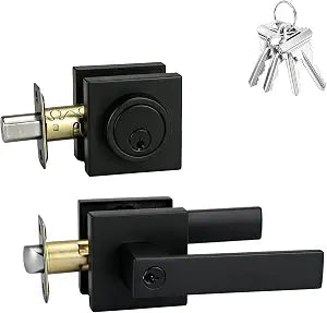 Front Door Lock Set with Deadbolt, Door Handle with Lock Keyed Alike, Heavy Duty Exterior Door Knob and Deadbolt Combo, Matte Black Door Lock for Front Door, Entry Door, 1 Pack