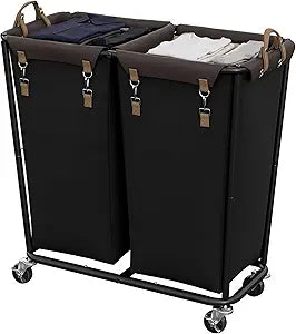 StorageWorks 280L Large Laundry Hamper with Wheels, Laundry Basket with Wheels 2 Sections, Clothes Sorter Cart with Divider for Hotel, Home, Black, 1-Pack