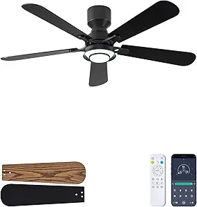 52 Inch Ceiling Fan with Light, Flush Mount Low Profile, Remote & APP Control, Quiet 6-Speed Reversible Motor, Dimmable LED with 3CCT, Ceiling Fan for Bedroom, Living Room, Apartment, Black