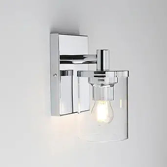 Pathson 1-Light Vintage Wall Sconce, Hardwired Bathroom Wall Light with Clear Glass Shade and Metal Base, Industrial Wall Mount Light Fixtures for Bedroom Vanity Mirror Hallway Kitchen (Chrome)