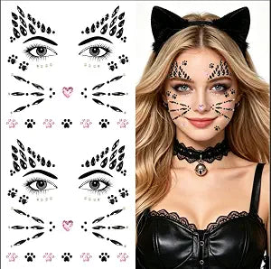 JUNEBRUSHS 4Pcs Cat Face Gems Stickers Halloween Makeup Accessories