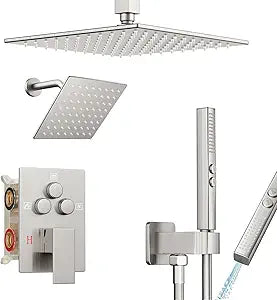 Shower Faucet Set Brushed Nickel Shower System, Ceiling Mount 10 Inch Shower Head With Wall Mount 6 Inch Shower Head and 2 in 1 Handheld Spray, Push Button Diverter Shower Valve Trim Kit
