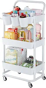 Buzowruil 3-Tier Rolling Utility Cart, Storage Cart with Handle Multi-Purpose and Locking Wheels,with Hanging Basket and Hook for Office, Kitchen, Bathroom,White