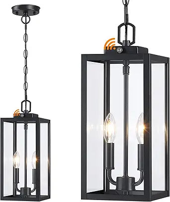 Large Outdoor Pendant Light 2-Light, 15'' Dusk to Dawn Modern Black Metal Outside Chandelier Exterior Hanging Fixture Ceiling Mount with Clear Glass for Front Porch Entrance Foyer Entryway, 1 Pack