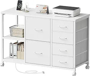 Maihail 6 Drawer File Cabinet with Charging Station Rolling Printer Stand with Open Storage Shelf Fabric Lateral Filing Cabinet for Home Office,White