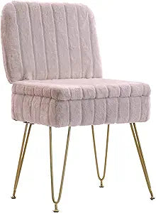 Vanity Chair with Storage, Comfy Ottoman with Folding Back, Faux Fur Vanity Stool with 4 Metal Legs for Make Up, Furry Padded Seat with Anti-Slip Feet for Bedroom Dressing Room