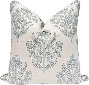 Jillien Harbor The Naples Floral Block Print Pillow Cover  Soft Grey and Off-White Decorative Throw Pillow Cover  Grandmillennial Home Decor, 24" x 24"