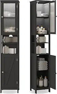 ChooChoo Tall Bathroom Storage Cabinet with Light5-Tier Narrow Bathroom Cabinet with 2 Doors, Slim Storage Linen Cabinet Freestanding with Adjustable Shelves for Space Saving, Black