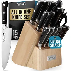 Cutluxe 15-Piece Knife Set  Premium Rubberwood Wood Block  Knife Set for Kitchen, Ultra Sharp High Carbon German Stainless Steel, Full Tang  Artisan Series