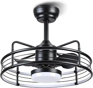 Asyko Caged Ceiling Fan with Light - Bladeless Black Ceiling Fans with Remote, Reversible and Dimmable, Low Profile Flush Mount Ceiling Fan with 6-Speed, Enclosed Led Fan Light for Bedroom
