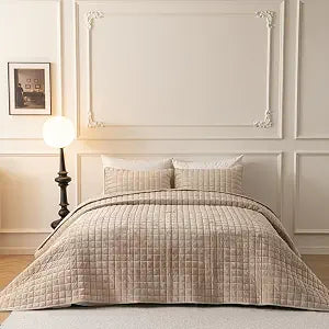 BOV Luxury Velvet Quilt and Sham Set, Cozy Queen Size Quilt Soft Comforter Set Lightweight Bedspread Coverlet Set Queen, Taupe Comforter 92"x96"