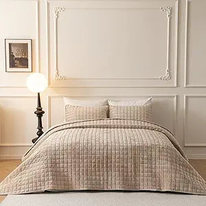 BOV Luxury Velvet Quilt and Sham Set, Cozy Queen Size Quilt Soft Comforter Set Lightweight Bedspread Coverlet Set Queen, Taupe Comforter 92"x96"