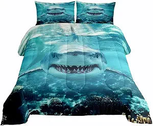Erosebridal 3D Shark Comforter Set King Size, Ocean Wave Bedding for Kids