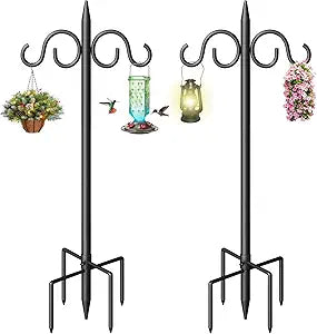 Double Shepherds Hooks for Outdoor, 92 Inch Heavy Duty Bird Feeder Pole with 5 Prongs Base, Adjustable Shepherds Hook for Bird Feeder, Garden, Weddings, Hanging Plant, 2 Pack