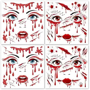 HOWAF 4 Sheets Halloween Scary Face Tattoos, Halloween Bloody Scar Tattoos Sticker for Hallows' Eve Costume Vampire Masquerade Scary Party Women Men, Halloween Zombie Temporary Tattoo