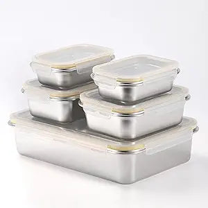 18/8 Stainless Steel Food Storage Containers, Meal Preparation Container Set, Baking Pan, Leak Proof Stackable Light and Easy Storage, Metal Set of 5 (2PC 21oz/2PC 43oz/1PC 169oz)