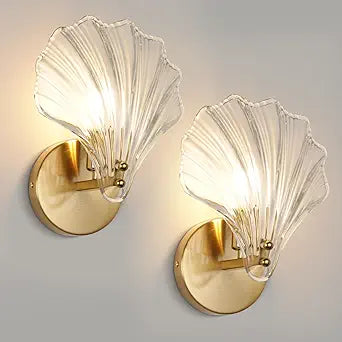 2 Pack Gold Glass Wall Sconces Crystal Wall Light with Clear Shell Shaped Glass Shades, Mid Century Gold Vanity Light Brass Bathroom Light Fixtures Beside The Mirror for Bedroom Porch Indoor