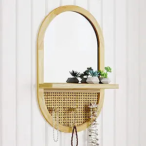 Wall Mirror with Shelf and Coat Hooks, 22" Entryway Decorative Mirrors for Wall Wood Framed Bathroom Mirror Oval Boho Small Wall Mirrors for Bathroom Bedroom Entryway Living Room