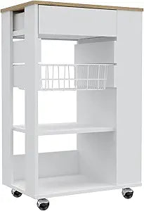 Tuhome Blosson Kitchen Cart with One Storage Drawer, Two Open Shelves, Flexible Fruit Rack, Mobile Prep Station on Four Casters, Compact Rolling Island for Extra Counter Space